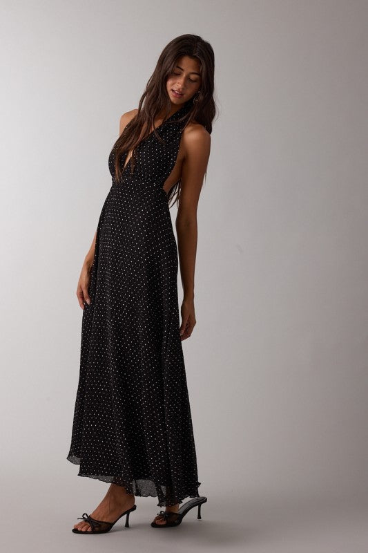 Sheer Polka Dot Halter Tie Open Back Maxi Dress