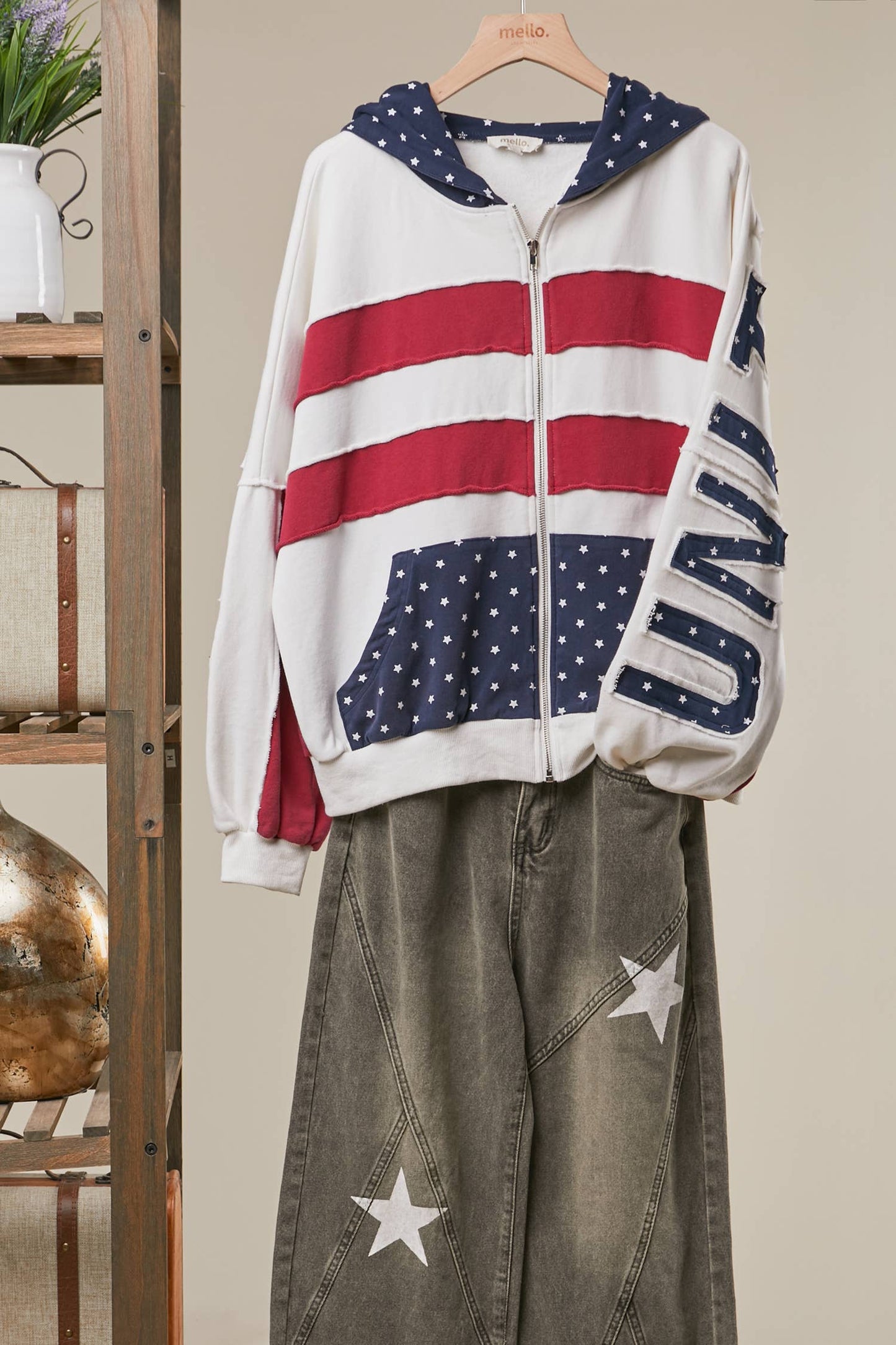 United States Patch work Oversized Zip Hoodie