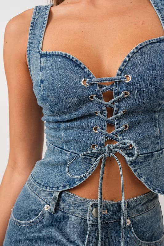 Eloise Front Lace-up Denim Corset Top
