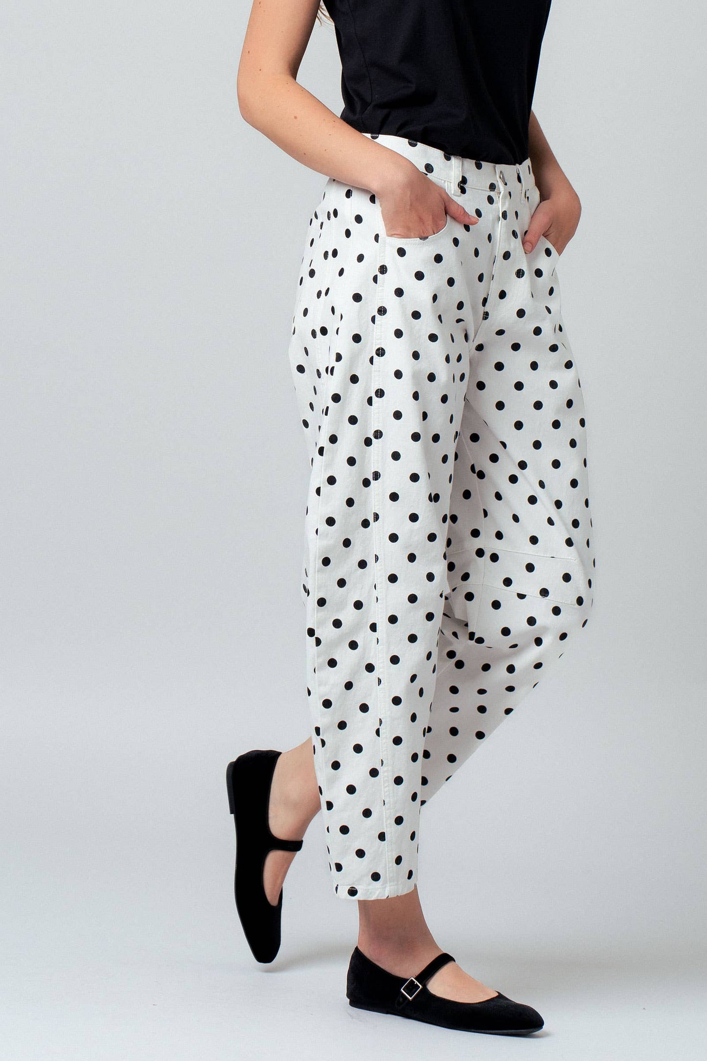 Polka Dot Print Cotton Barrel Leg Jeans