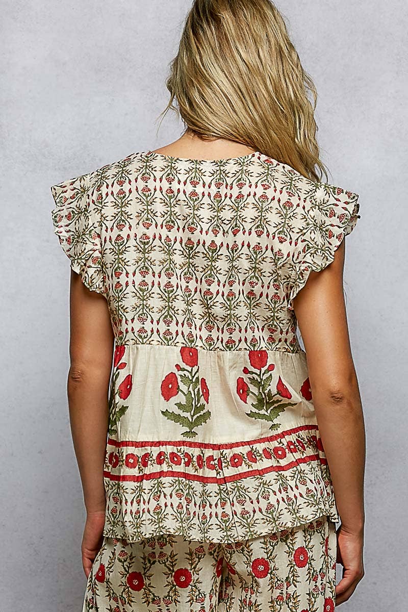 V-Neck Floral Pattern Ruffle Sleeve Top