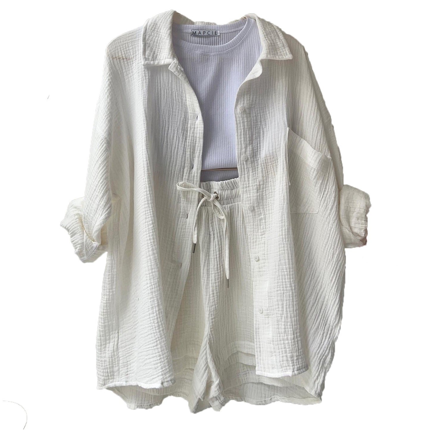 Textured Long Sleeve Button Down Top - Off White