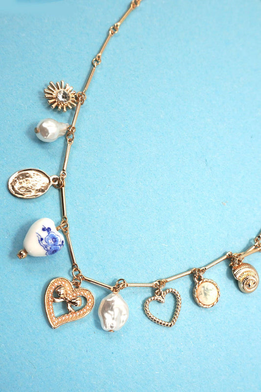 Charm Necklace - Ceramic Porcelain Heart Pearl
