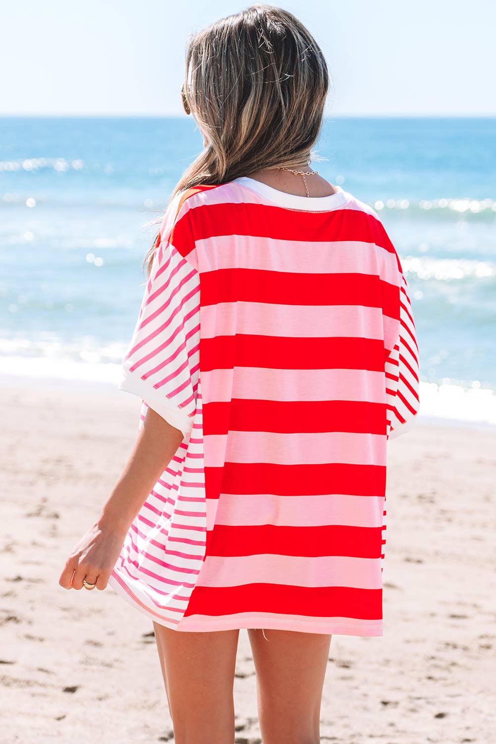 Patchwork Round Neck Side Split Loose T Shirt