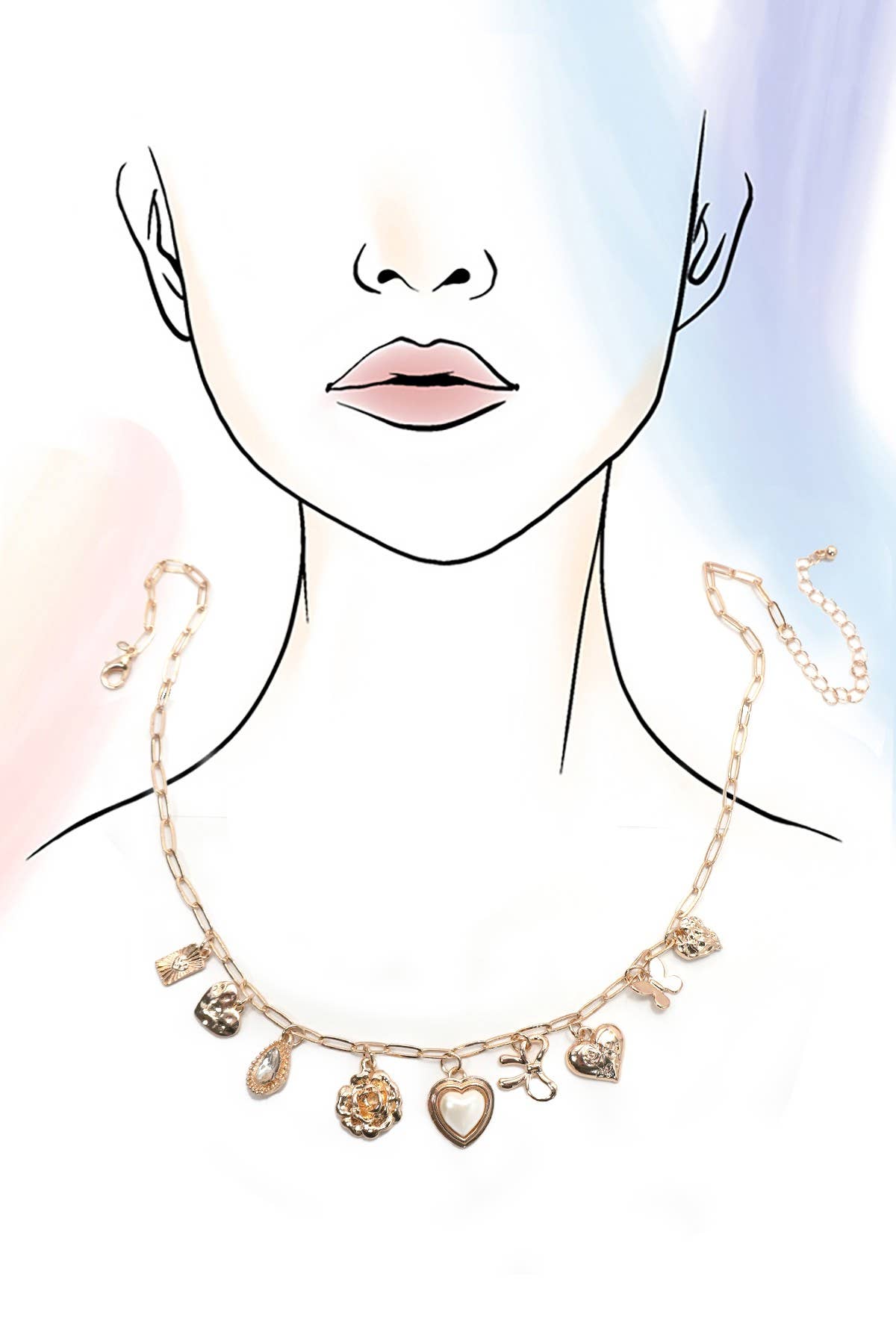 Charm Necklace - Bow Heart Rhinestone Flower