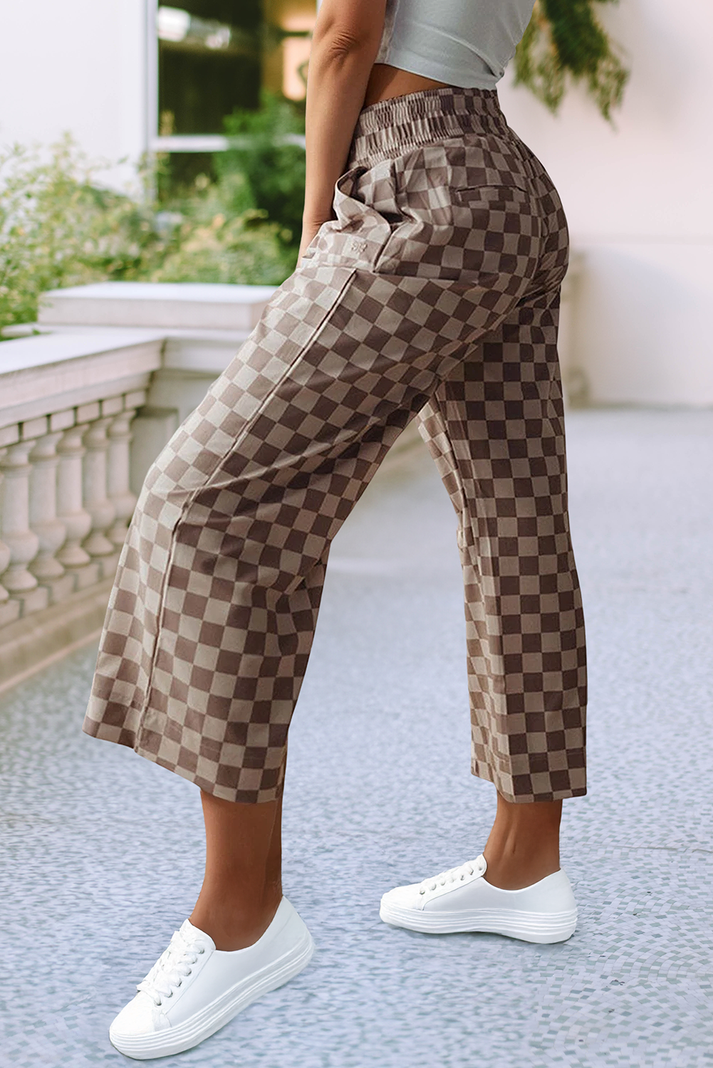 Tie Elastic Waist Checkered Loose Pants