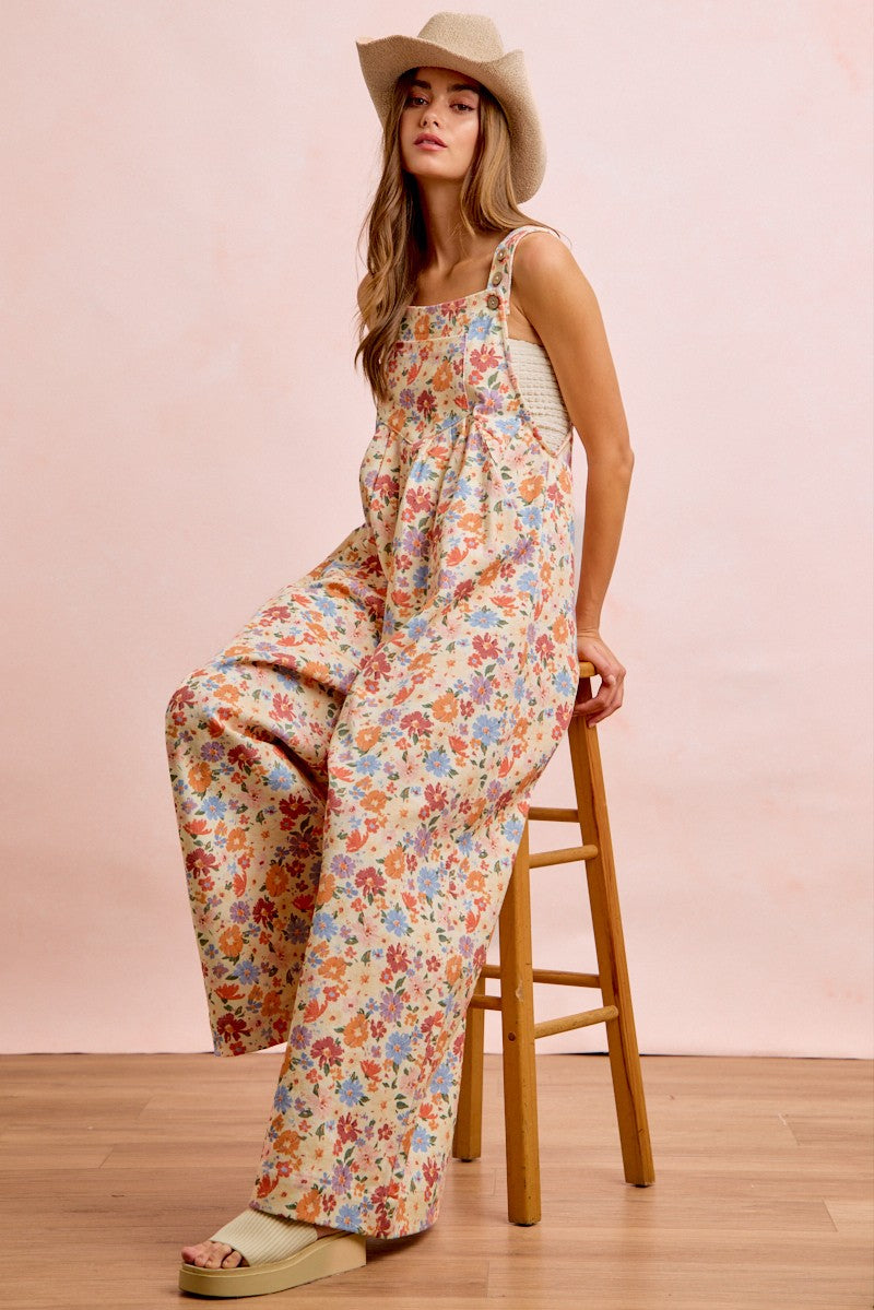 Washed Floral Twill Front Pockets Detail Overall