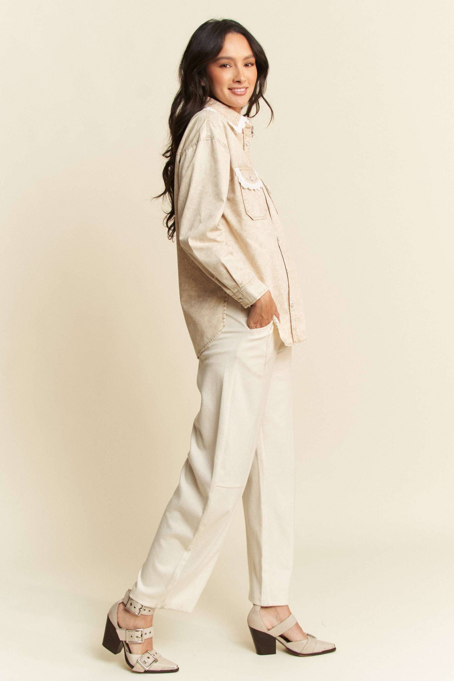 Lightweight Washed Lace Edge Waffle Knit Top - Beige