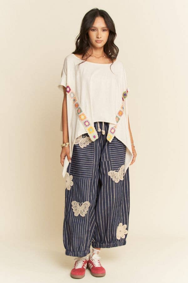 Lightweight Soft Denim Stripe Wide Barrel Pants - Denim Blue