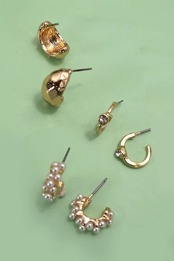 Trio Pearl Diamond Cut Huggie Hoop Earrings