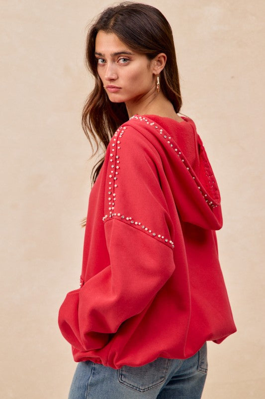 Brushed Terry Half Zip Up Jeweled Hoodie - Red