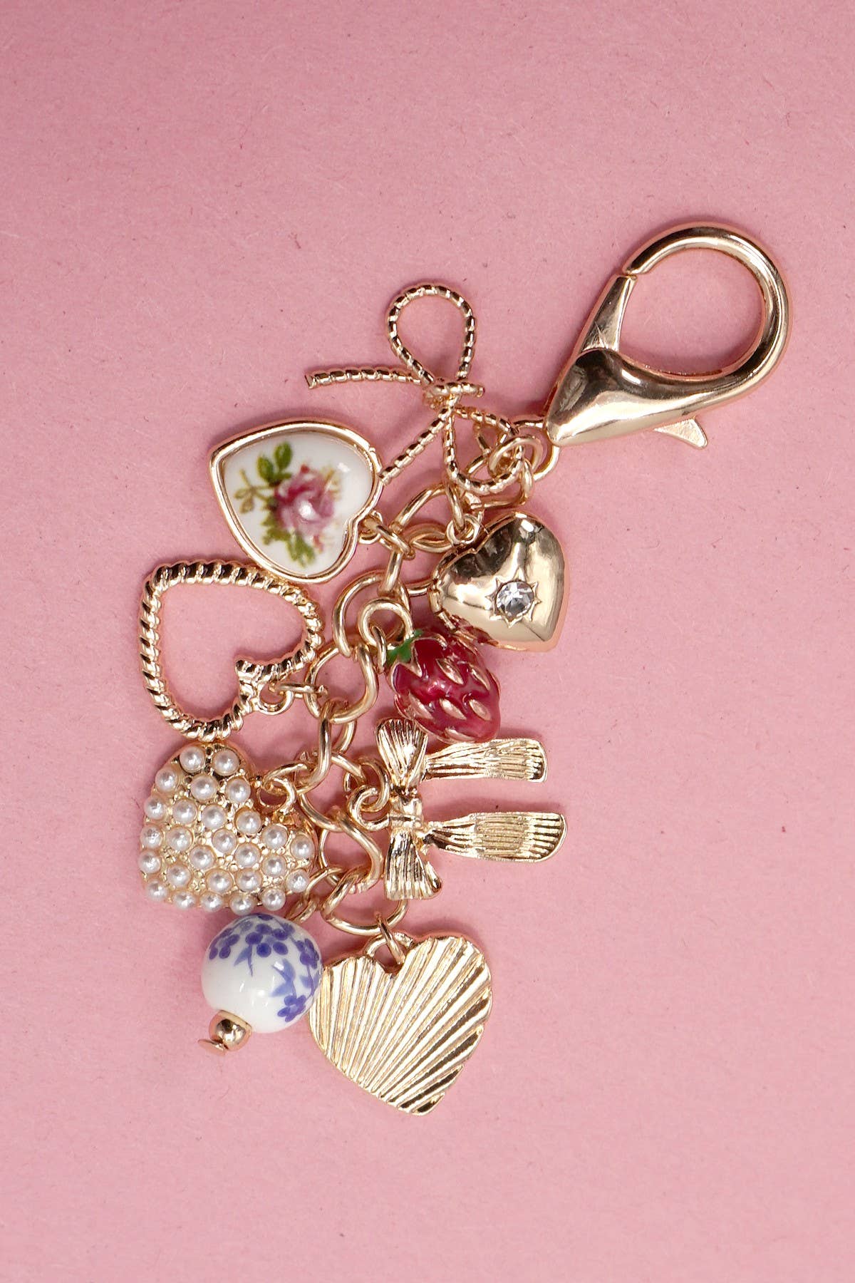 Porcelain Bows Hearts Pearl Strawberry Bag Charm