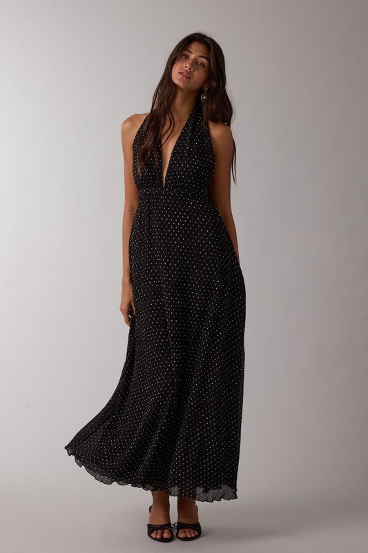 Sheer Polka Dot Halter Tie Open Back Maxi Dress