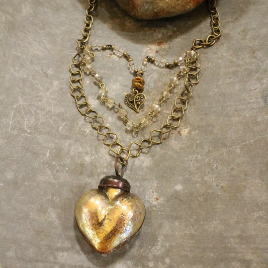 Layers of Retro Mercury Glass Gold Heart Necklace