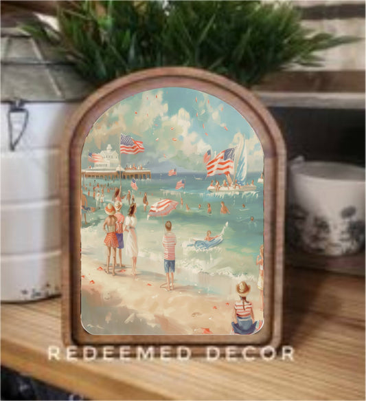 Arch Top Patriotic Beach Scene Framed Art