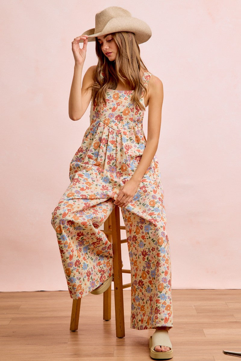 Washed Floral Twill Front Pockets Detail Overall