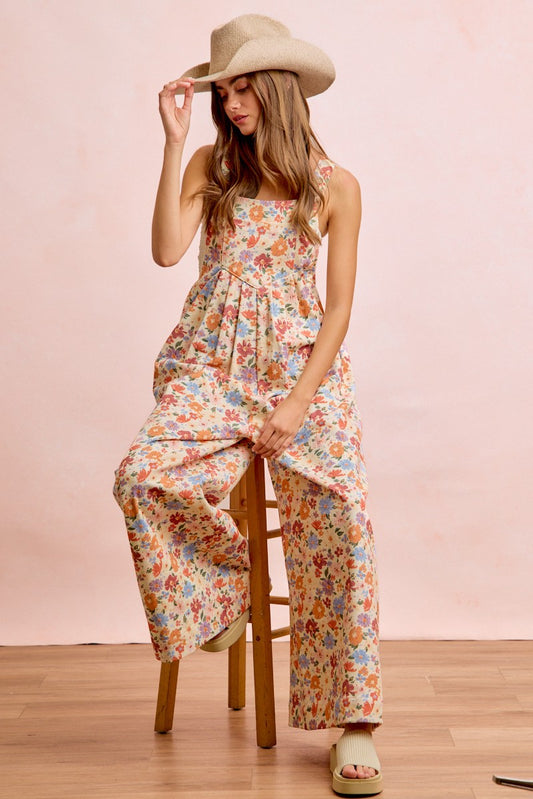 Washed Floral Twill Front Pockets Detail Overall
