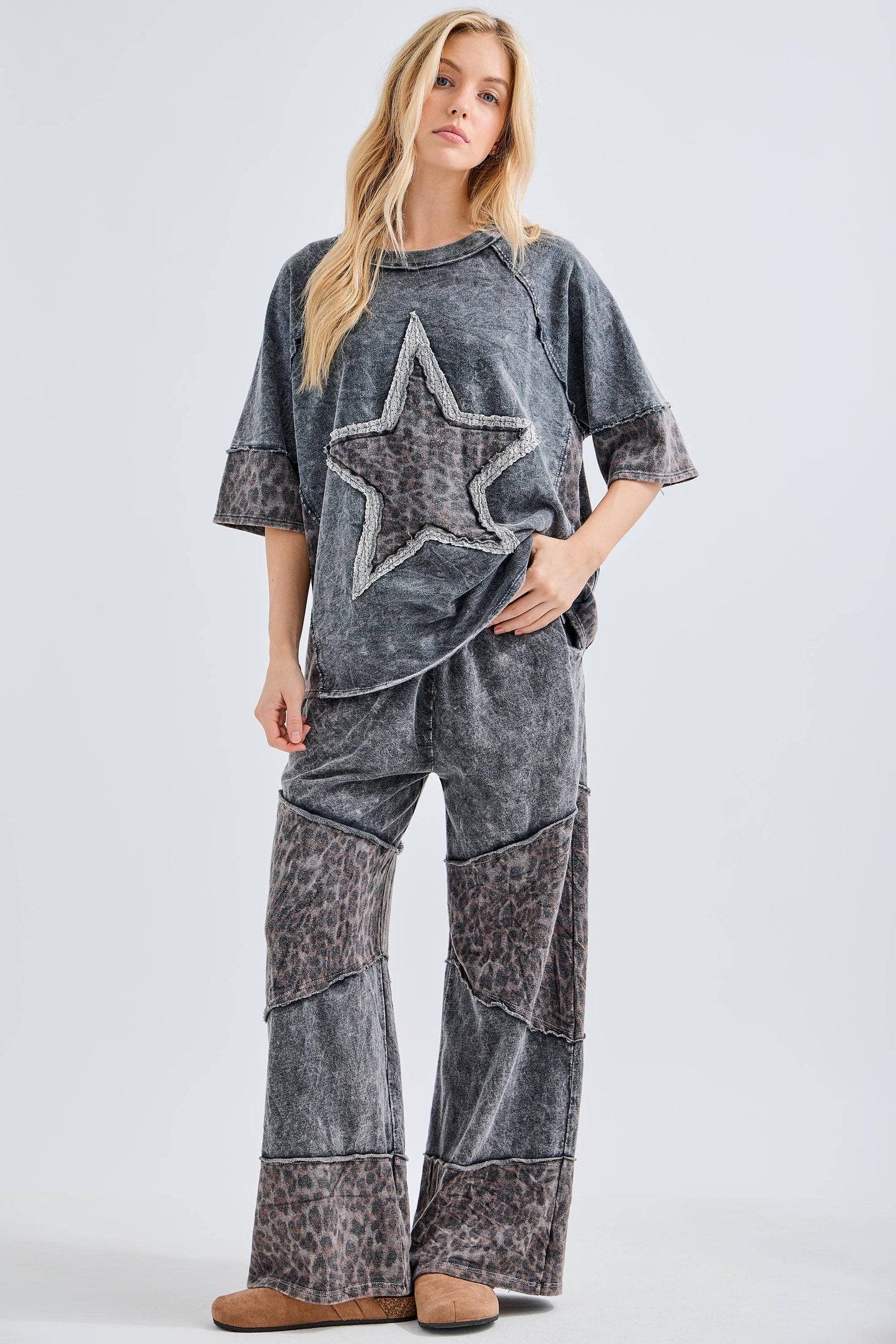 Mineral Washed Leopard Asymmetrical Tier Pants