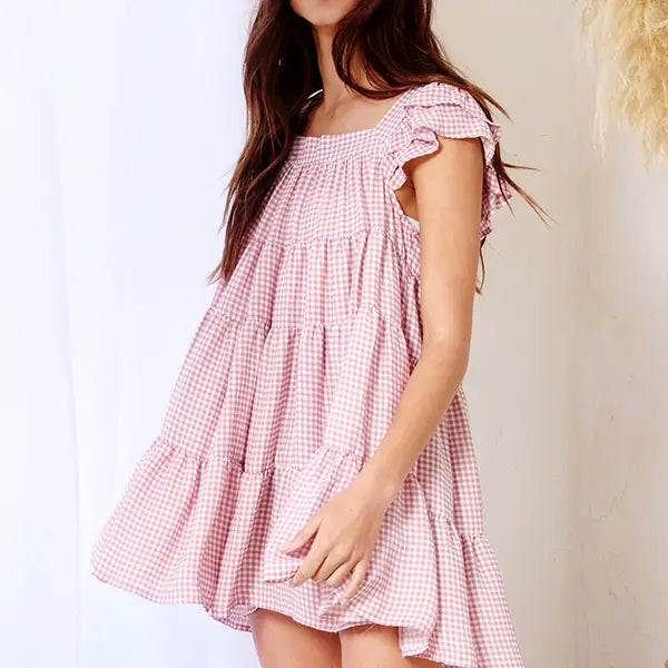 Gingham Print Tiered Babydoll Mini Dress