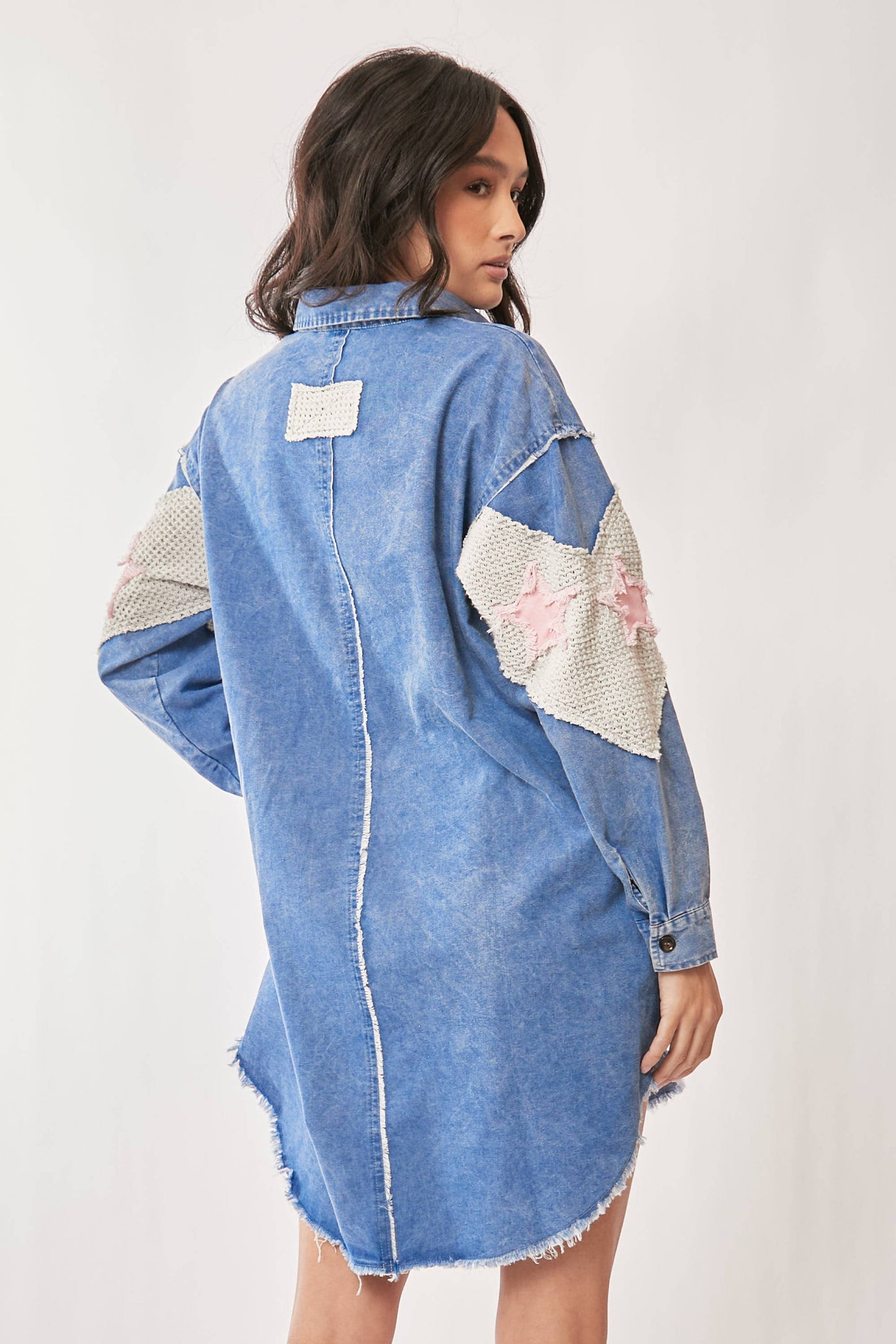 Acid Washed Denim Star Patch Shirt Dress