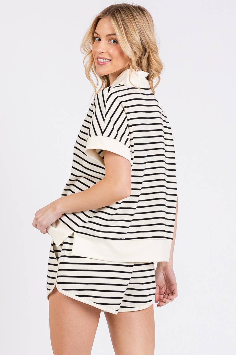 Half Zip Up Striped Top and Shorts Set (Sold Separately)