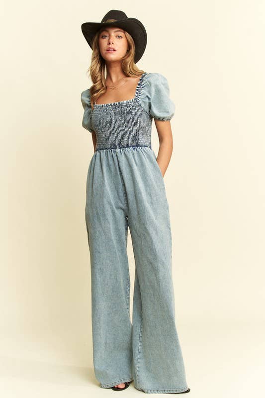 DENIM SMOCKED JUMPSUIT
