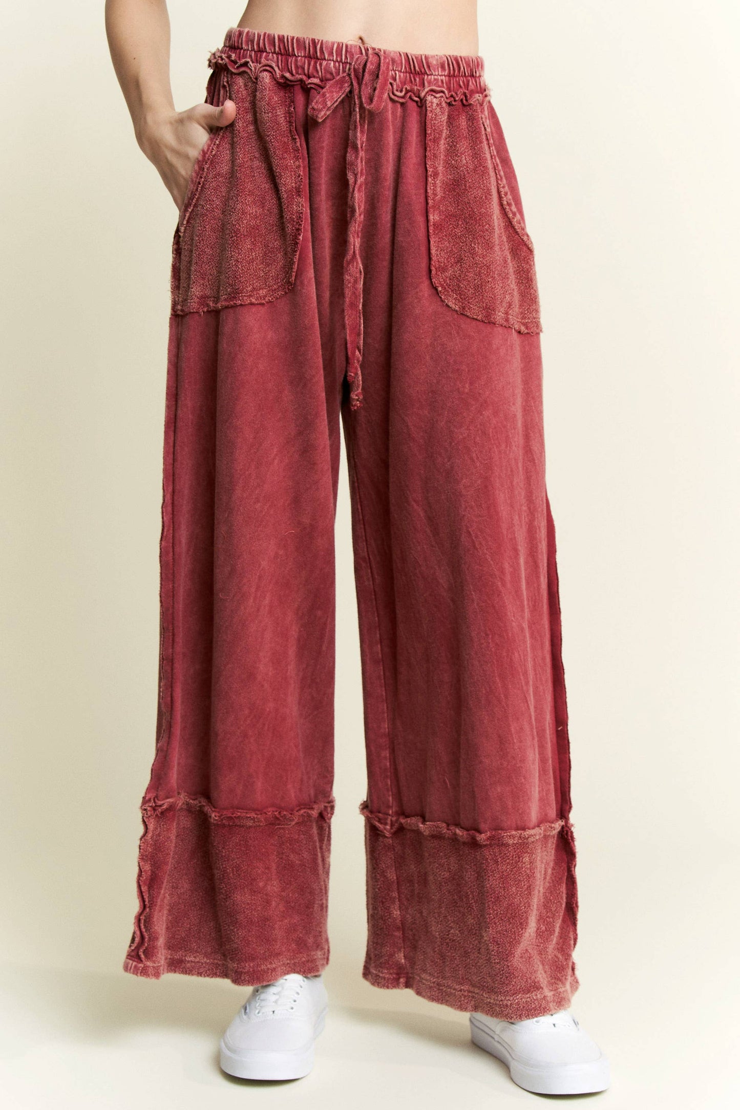 Mineral Wash Wide Pants with Raw Hem - Midnight Green