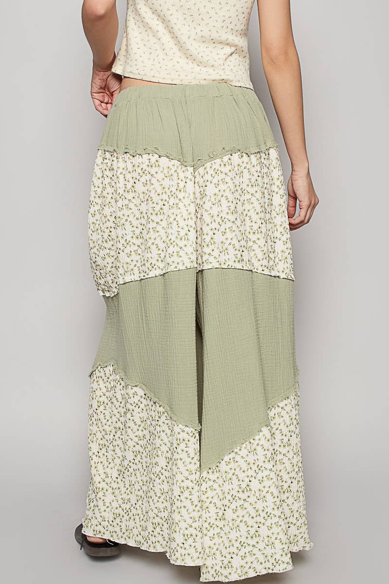 Contrast Floral Double Gauze Woven Pants