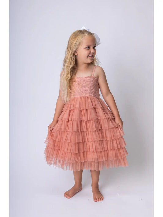 Kids Dark Pink Tulle Tiered Ruffle Dress