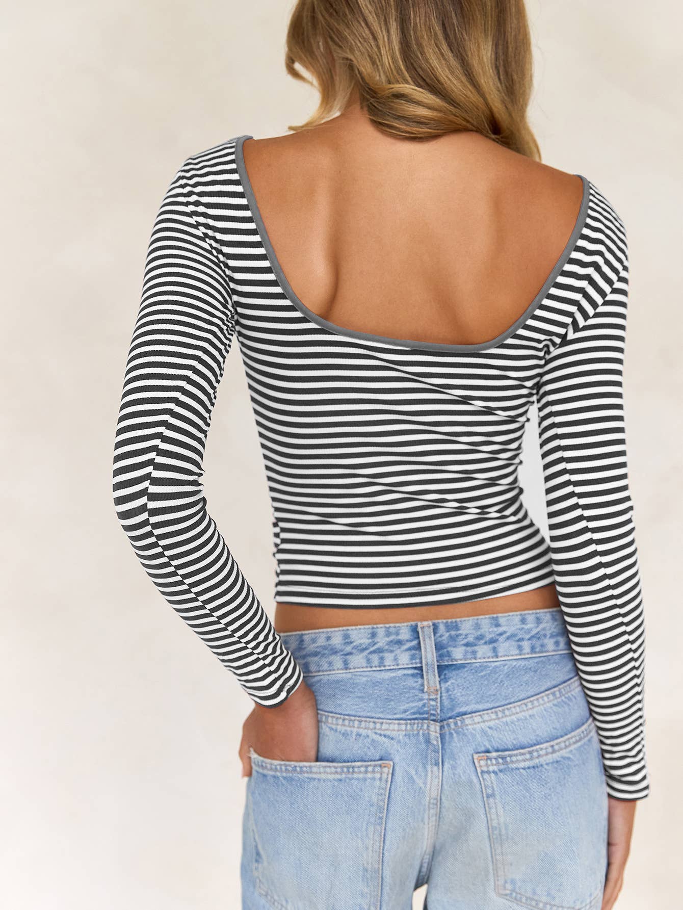 Backless Striped Long Sleeve Top