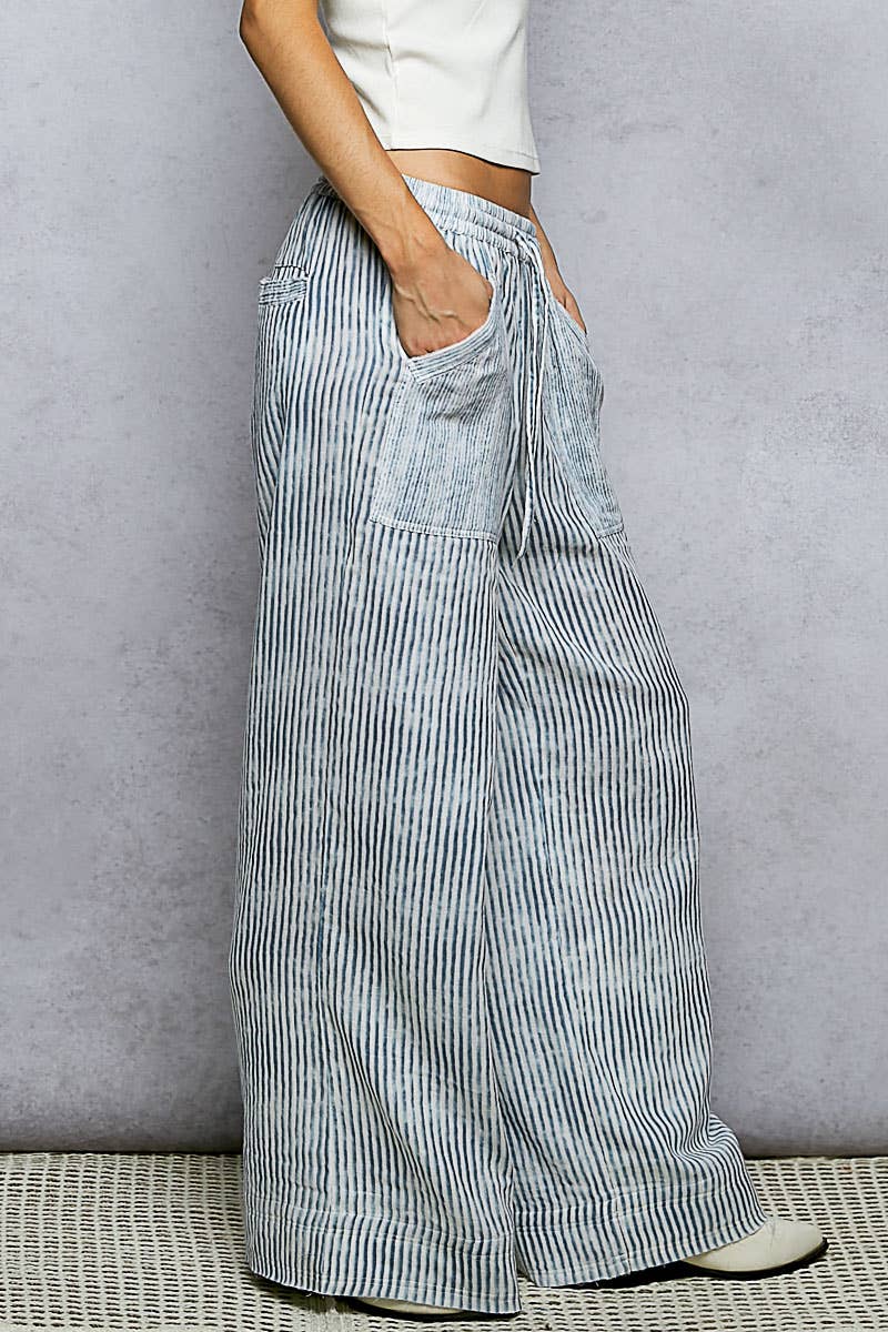 Striped Big Pocket Waist Band Straight Fit Pants