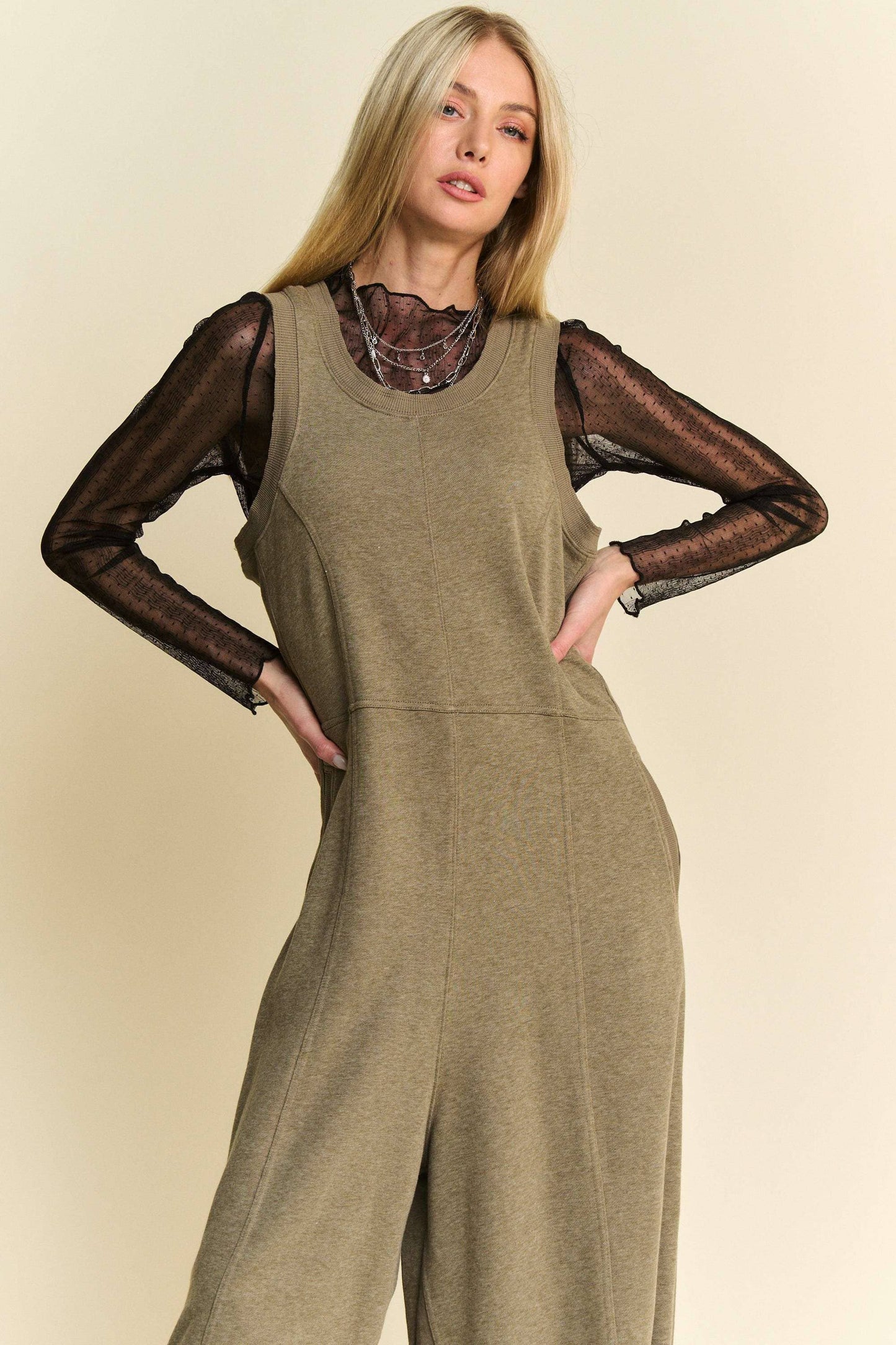 Ribbed Contrast Ruched Side Seam Jumpsuit