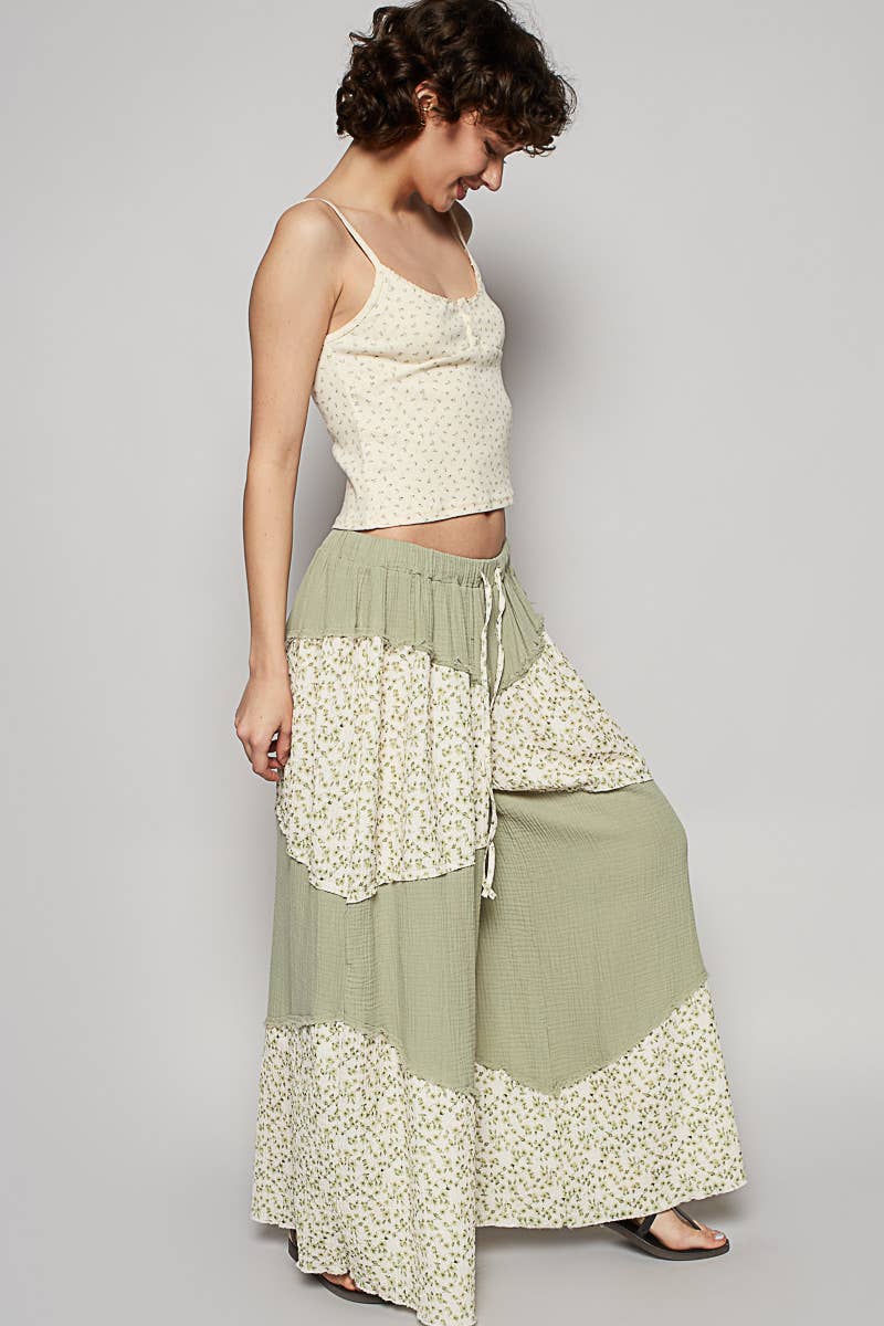 Contrast Floral Double Gauze Woven Pants