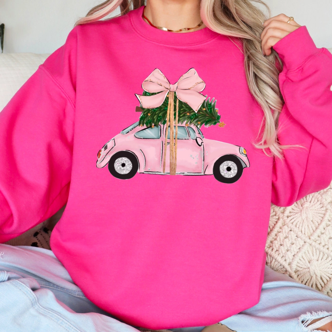 Christmas Car Sweatshirt - Pink