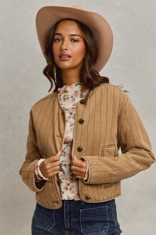 Vintage Washed Quilted Modern Jacket With Pockets