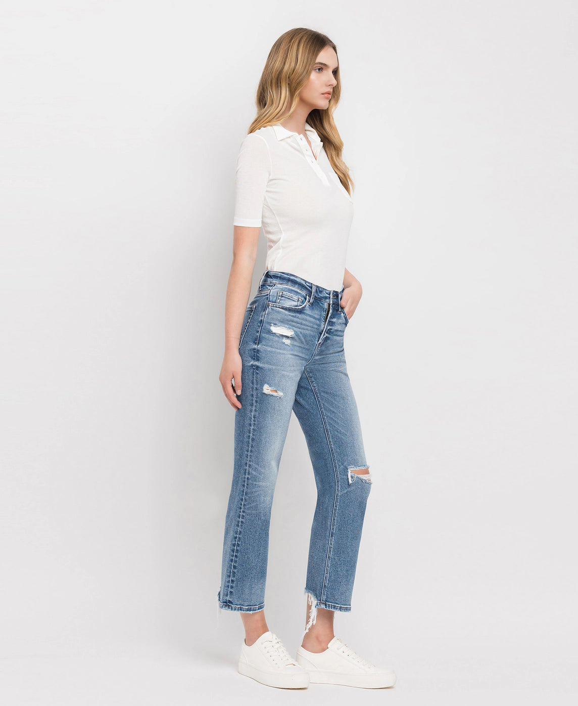 High Rise Distressed Hem Crop Straight Jeans