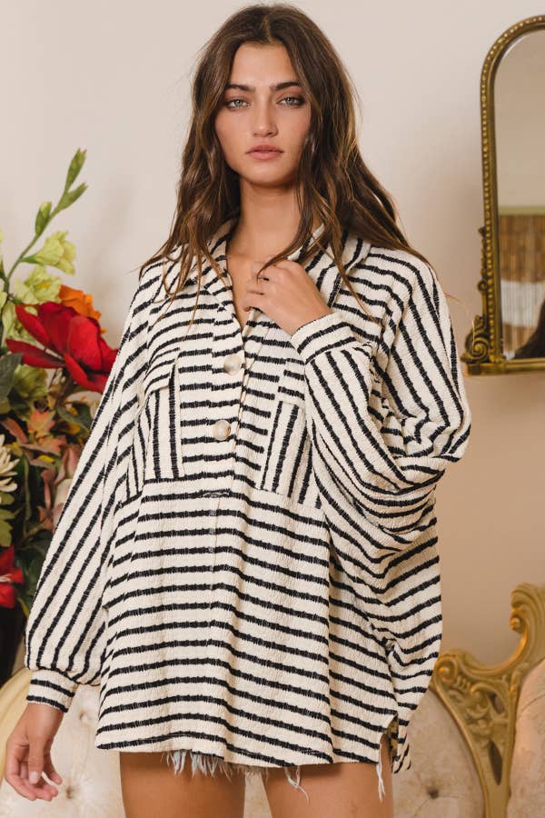 Collared Oversized Button Up Stripe Pullover Top