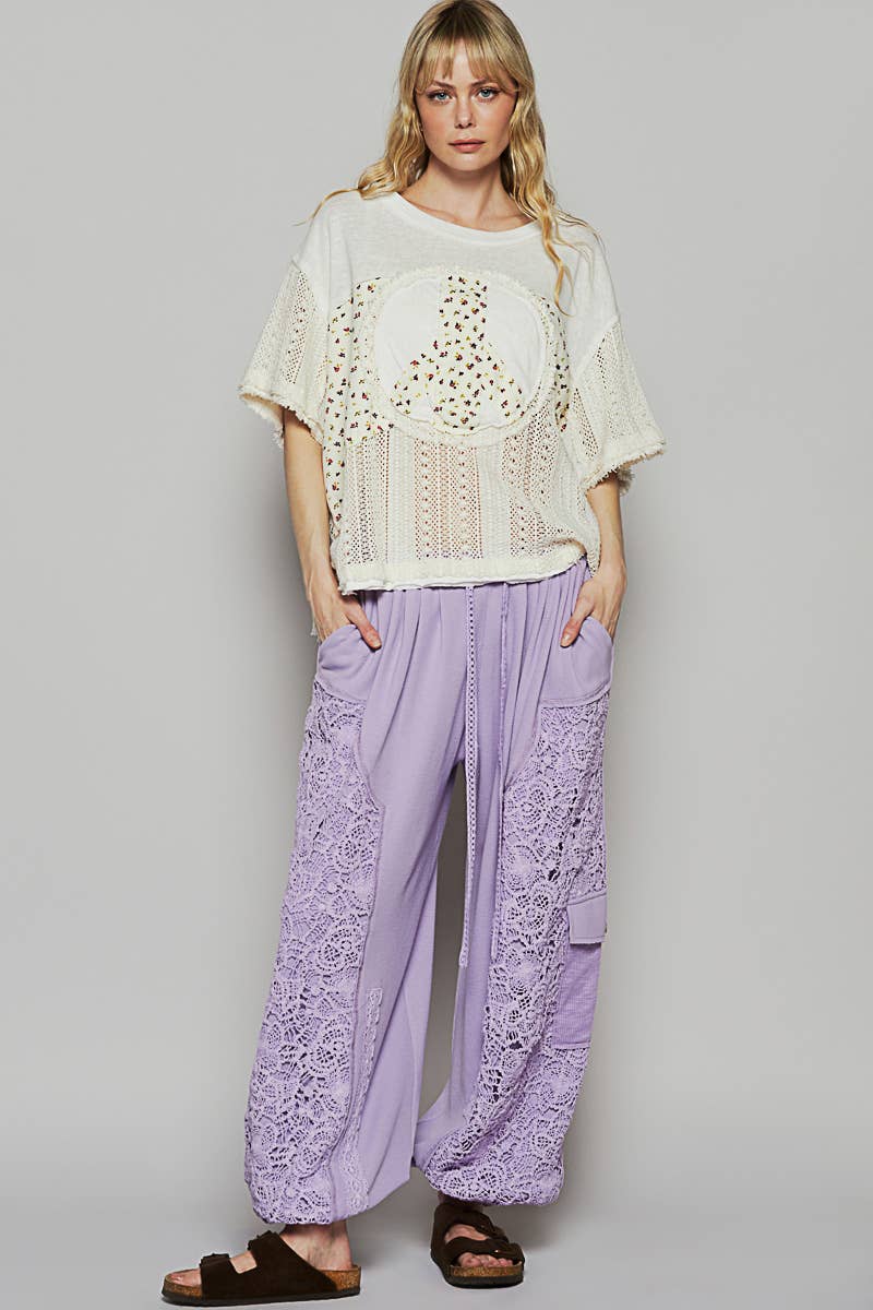 Oversize Round Neck Crochet Print Peace Top