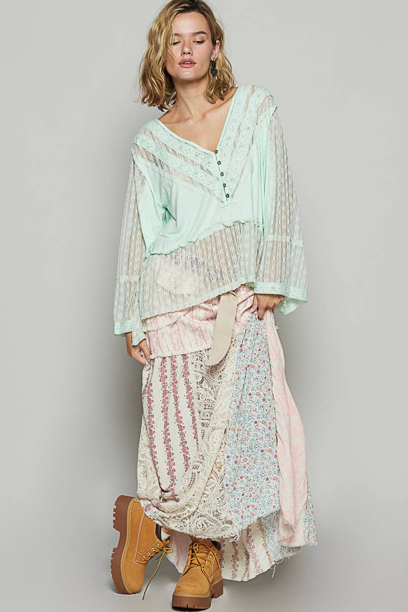 V Neck Long Sleeve Lace Contrast Knit Top