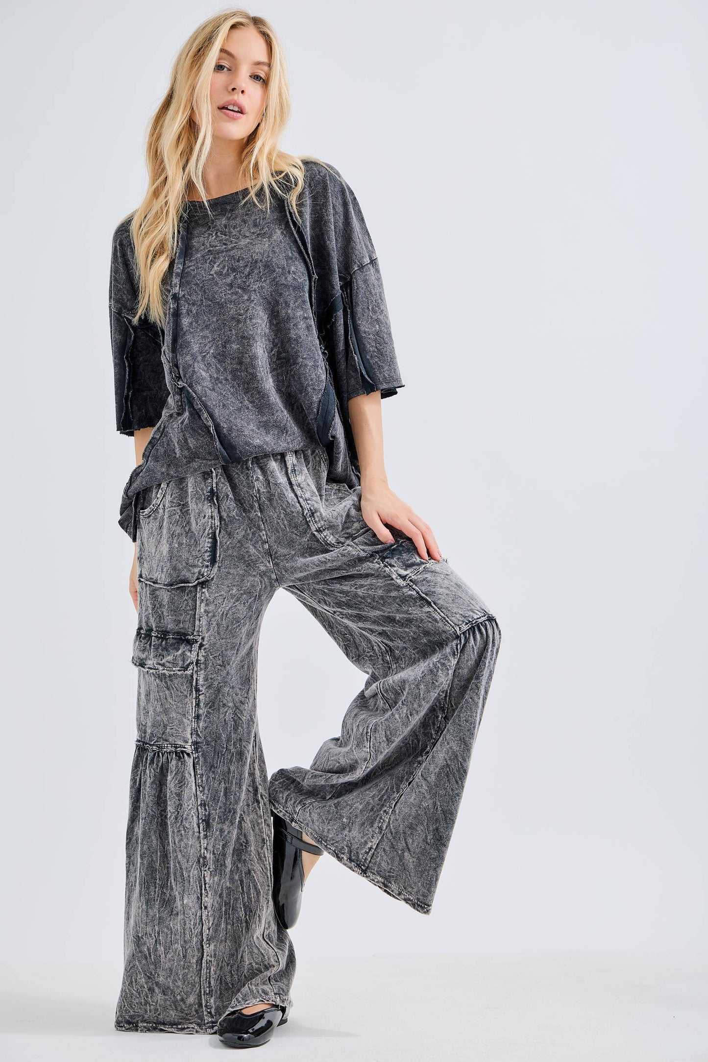 Mineral Washed Ruffle Cargo Flare Pants