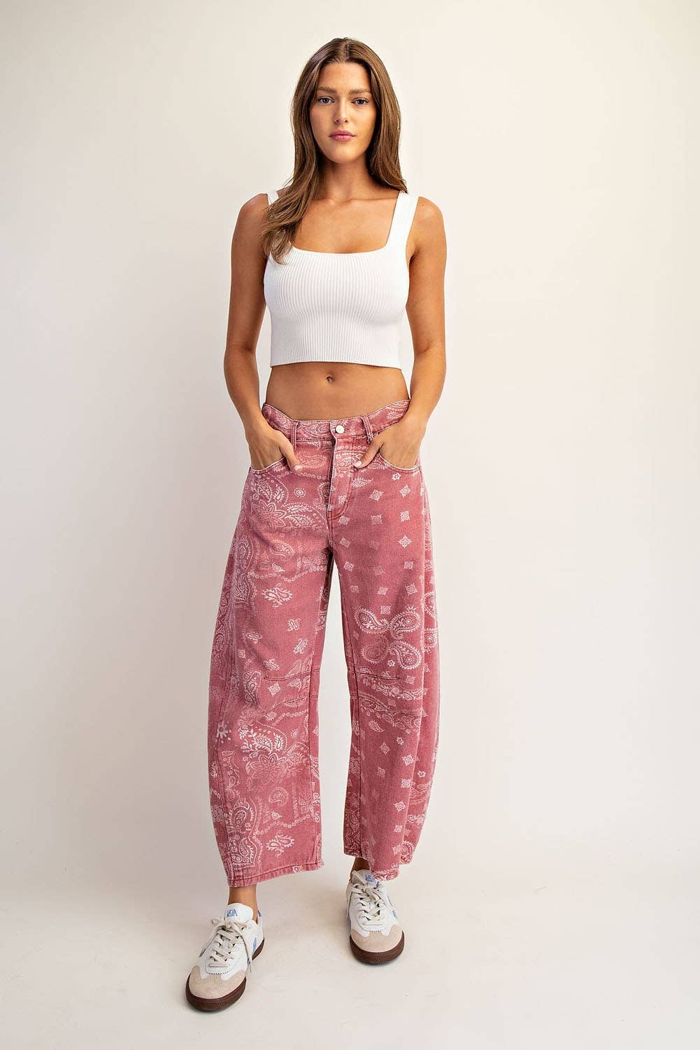 Mineral Washed Paisley Printed Barrel Jeans - Dusty Rose Bandana