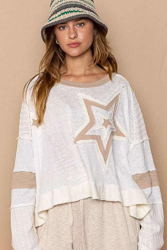 Star Patch Long Sleeve Cropped Knit Top
