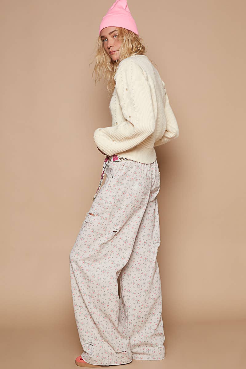 Elastic Band Detail Loose Fit Twill Pants