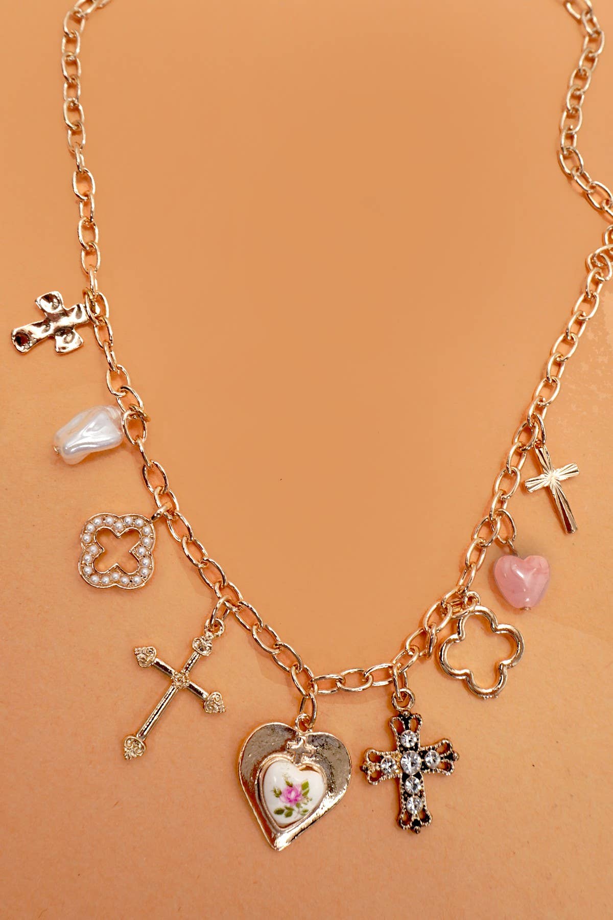Charm Necklace Clover Cross Porcelain Flower
