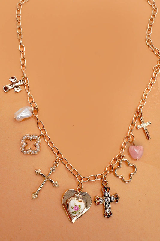 Charm Necklace Clover Cross Porcelain Flower