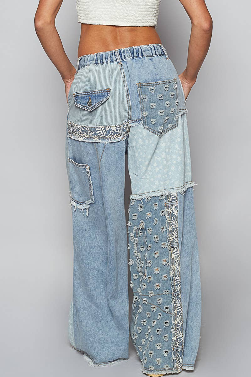 Lace Patch Contrast Denim Woven Pants