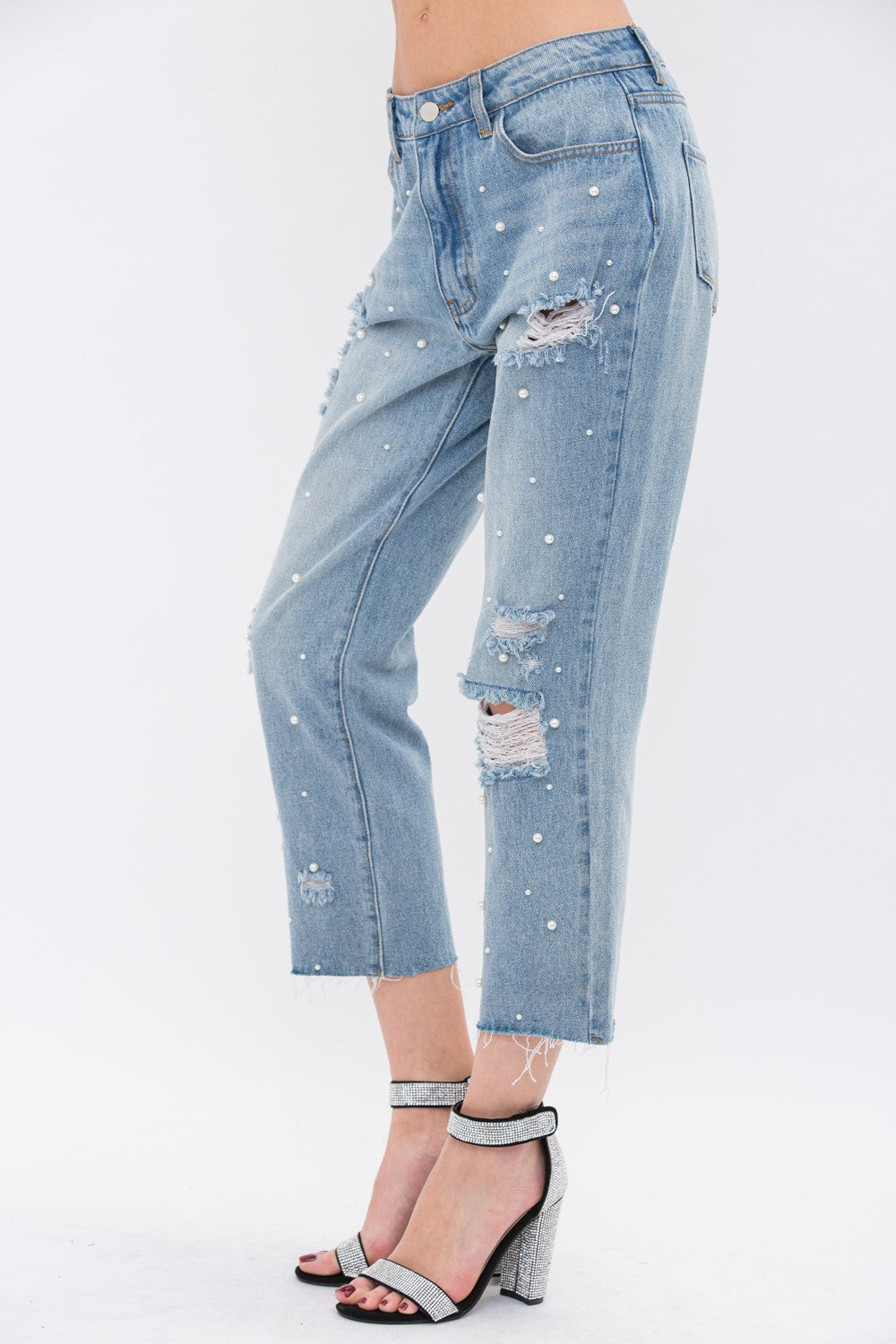 Pearl Embellished Front Ripped Jeans