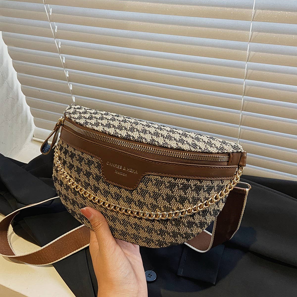 Check Print Chain Strap Fanny Belt Bag