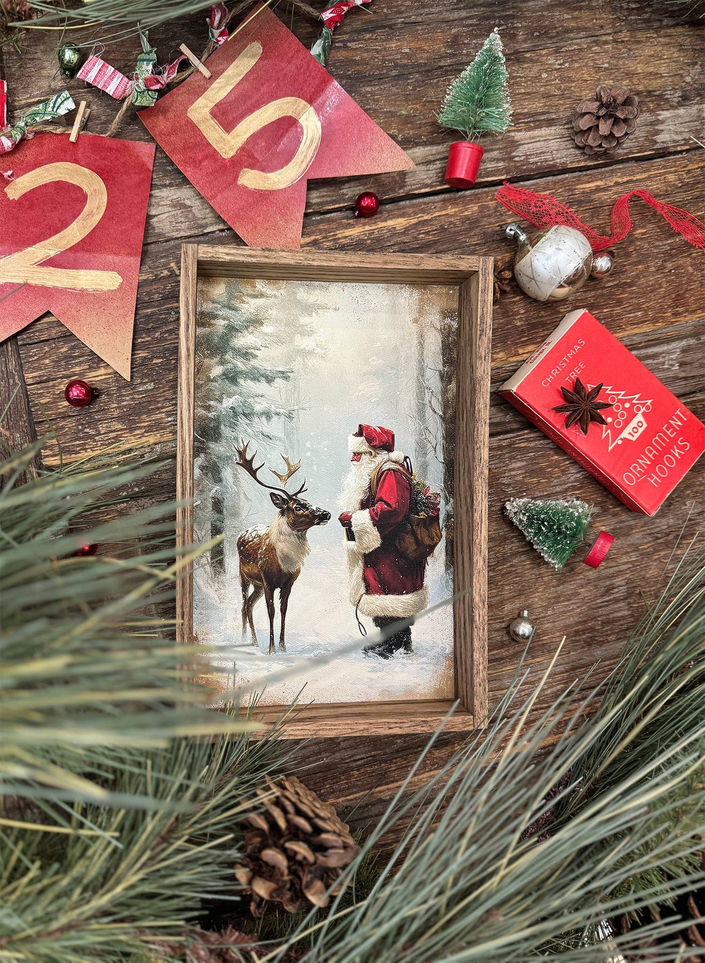 Santa Claus and Reindeer - Christmas Framed Canvas Art