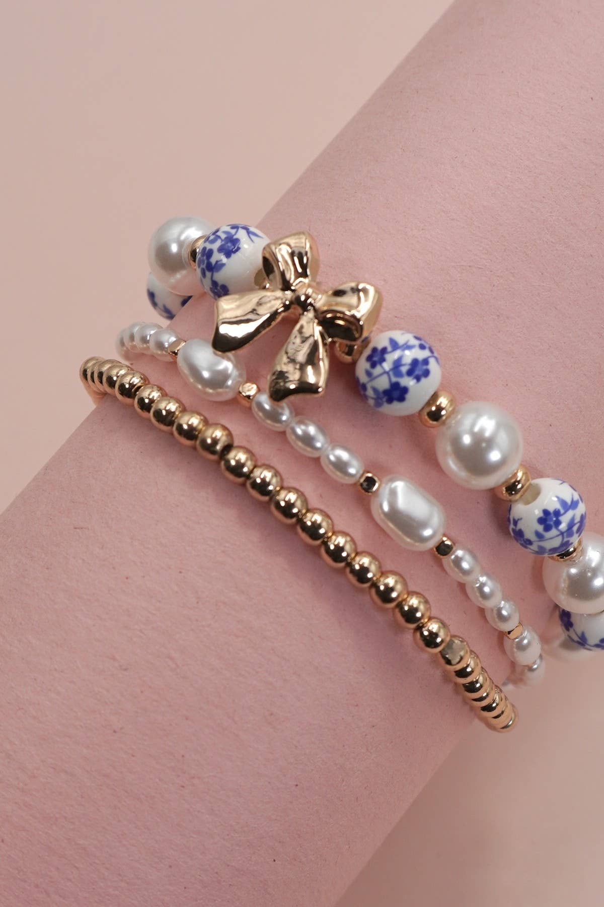 Blue Ceramic Porcelain Bow Multi Layer Bracelet Stack
